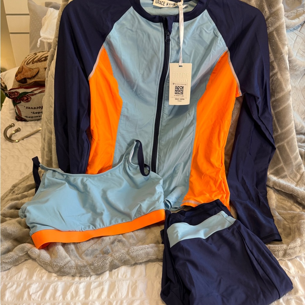 Grace Karin Women's Swim Set - Navy Blue and Orange